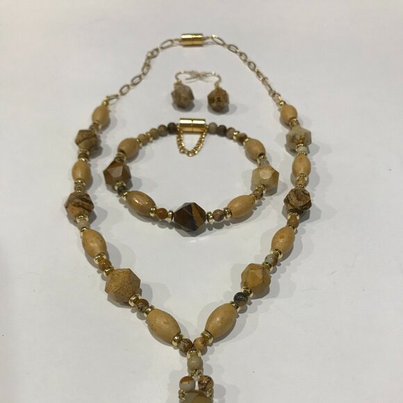 Jasper SET New Jasper Picture Necklace Bracelet Earrings Set Star Cut Handmade - Picture 4 of 11